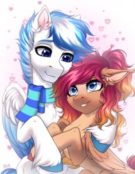 Size: 2100x2700 | Tagged: safe, artist:hakaina, derpibooru import, oc, oc only, pegasus, pony, clothes, duo, ear fluff, ears, scarf, striped scarf, unshorn fetlocks