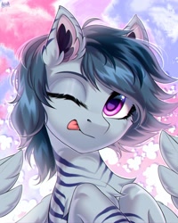 Size: 2000x2500 | Tagged: safe, artist:hakaina, derpibooru import, oc, oc only, pegasus, pony, ear fluff, ears, one eye closed, solo, tongue, tongue out