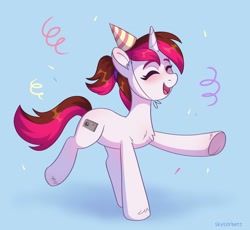 Size: 2102x1934 | Tagged: safe, artist:skysorbett, derpibooru import, oc, oc:vetta, pony, unicorn, confetti, eyes closed, hat, party hat, smiling, solo