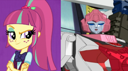 Size: 842x470 | Tagged: safe, derpibooru import, edit, screencap, sour sweet, human, robot, equestria girls, friendship games, arcee, clothes, crystal prep academy uniform, exploitable meme, female, meme, photo, same voice actor, school uniform, sharon alexander, transformers, transformers energon