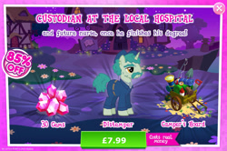 Size: 1957x1301 | Tagged: safe, derpibooru import, distemper, pony, unicorn, advertisement, bag, clothes, compass, costs real money, english, facial hair, fishing rod, gameloft, gem, hat, horn, key, male, mobile game, moustache, my little pony: magic princess, numbers, official, sale, saw, shovel, solo, stallion, telescope, text