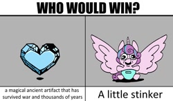 Size: 1014x592 | Tagged: safe, artist:balileart, derpibooru import, princess flurry heart, alicorn, pony, the crystalling, baby, baby pony, crystal heart, female, filly, foal, grayscale, meme, monochrome, solo, spread wings, text, who would win, wings