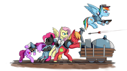 Size: 4000x2250 | Tagged: safe, artist:enteryourponyname, derpibooru import, earth pony, pegasus, pony, angry, arrow, clothes, crossover, demoberry, fluttermedic, gas mask, gun, heavy mac, mask, payload cart, pinkie pyro, ponified, pushing, railroad, rainbow scout, shotgun, simple background, species swap, team fortress 2, transparent background, weapon