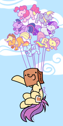 Size: 1000x2000 | Tagged: safe, artist:paperbagpony, derpibooru import, applejack, derpy hooves, fluttershy, pinkie pie, rainbow dash, rarity, twilight sparkle, oc, oc:paper bag, pony, balloon, cloud, fake cutie mark, sky