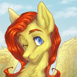 Size: 1600x1600 | Tagged: safe, artist:baobabguy, derpibooru import, oc, oc:cordylight, pegasus, pony, bust, looking at you, one eye closed, portrait, solo, spread wings, wings, wink