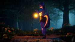 Size: 1920x1080 | Tagged: safe, artist:retro0range, derpibooru import, twilight sparkle, anthro, plantigrade anthro, unicorn, 3d, blender, clothes, forest, lantern, night, solo