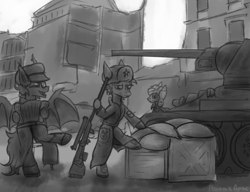 Size: 2925x2250 | Tagged: safe, artist:ashel_aras, derpibooru import, bat pony, earth pony, pony, accordion, armor, black and white, box, building, gray background, grayscale, gun, hat, monochrome, musical instrument, rifle, simple background, t-34, tank (vehicle), victory day, weapon, world war ii