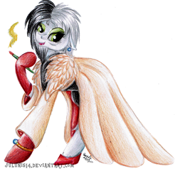 Size: 1024x974 | Tagged: safe, artist:julunis14, derpibooru import, earth pony, pony, 101 dalmatians, cigarette, cigarette holder, crossover, cruella de vil, female, fur, mare, ponified, simple background, solo, species swap, transparent background