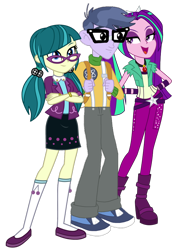 Size: 656x927 | Tagged: safe, artist:kimberlythehedgie, artist:mixiepie, artist:skyfallerart, derpibooru import, edit, aria blaze, juniper montage, microchips, equestria girls, movie magic, rainbow rocks, spoiler:eqg specials, ariachips, backpack, boots, clothes, crossed arms, female, gem, glasses, group sex, high heel boots, kneesocks, male, microjuniper, pants, pigtails, shipping, shoes, simple background, siren gem, skirt, smiling, socks, straight, threesome, transparent background, twintails, vector