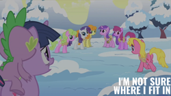 Size: 2000x1125 | Tagged: safe, derpibooru import, edit, edited screencap, editor:quoterific, screencap, amethyst star, berry punch, berryshine, carrot top, cherry berry, daisy, flower wishes, golden harvest, rarity, sparkler, spike, twilight sparkle, unicorn twilight, unicorn, winter wrap up, snow, winter wrap up vest