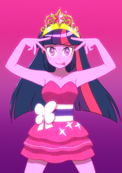 Size: 2894x4093 | Tagged: safe, artist:haibaratomoe, derpibooru import, twilight sparkle, equestria girls, equestria girls (movie), anime reference, bare shoulders, big crown thingy, element of magic, fall formal outfits, gradient background, jewelry, looking at you, oshi no ko, regalia, sleeveless, solo, starry eyes, strapless, tongue, tongue out, wingding eyes