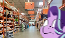 Size: 1180x696 | Tagged: safe, artist:blitzypony, artist:glimmergang, derpibooru import, starlight glimmer, pony, unicorn, concerned, eye clipping through hair, home depot, irl, photo, selfie, solo, wide eyes