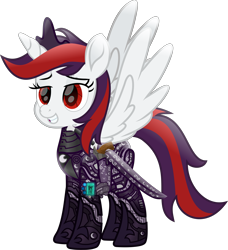 Size: 6195x6797 | Tagged: safe, artist:lincolnbrewsterfan, artist:vector-brony, derpibooru import, oc, oc only, oc:blackjack, alicorn, cyborg, pony, unicorn, fallout equestria, fallout equestria: project horizons, .svg available, 2019, 2023, absurd resolution, armor, artificial alicorn, cyber eyes, cyber legs, cybernetic legs, cyberpunk, delta pipbuck, eclipse, fanfic art, feathered wings, female, grin, happy, highlights, iconian armor, iconium, level 5 (iconium) (project horizons), lidded eyes, looking at something, looking forward, lunar eclipse, mare, moonlight eclipse (project horizons), movie accurate, prosthetic leg, prosthetic limb, prosthetics, rapier, redesign, redraw, remastered, show moviefied, simple background, smiling, solo, spread wings, standing, svg, sword, transparent background, upgrade, vector, weapon, wings