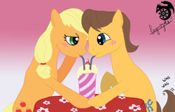 Size: 900x575 | Tagged: safe, artist:tarynsgate, derpibooru import, applejack, caramel, earth pony, pony, carajack, drink, female, food, love, male, mare, milkshake, romantic, shipping, stallion, straight