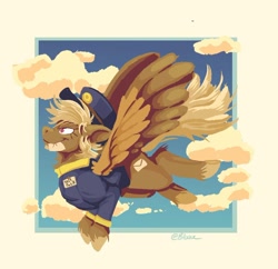 Size: 1080x1045 | Tagged: safe, artist:bluueflame, derpibooru import, pegasus, pony, clothes, cloud, determined look, female, flying, forced meme, hat, mare, name tag, open mouth, red eyes, shitfuck meme, signature, sky, spread wings, swift reply, uniform, vulgar, wings