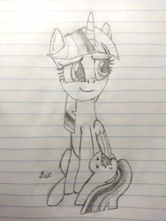 Size: 2448x3264 | Tagged: safe, artist:dust, derpibooru exclusive, derpibooru import, twilight sparkle, twilight sparkle (alicorn), alicorn, pony, female, lined paper, mare, pencil drawing, sitting, smiling, solo, traditional art