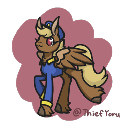 Size: 646x646 | Tagged: safe, artist:thiefyoru, derpibooru import, pegasus, pony, chest fluff, clothes, female, hat, mare, red eyes, signature, simple background, smiling, spread wings, swift reply, transparent background, trotting, uniform, vulgar description, wings