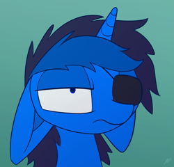 Size: 1127x1080 | Tagged: safe, artist:dori-to, derpibooru import, oc, oc only, oc:bluethecake, pony, unicorn, eyepatch, solo, unamused