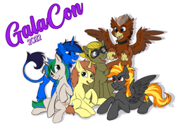 Size: 3508x2480 | Tagged: artist needed, safe, derpibooru import, oc, oc:bluethecake, oc:digidash, oc:donnik, oc:grimvale, oc:star logic, oc:sugar pie, earth pony, griffon, pegasus, pony, unicorn, galacon 2022, group hug, hug, simple background, white background