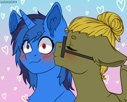 Size: 2700x2160 | Tagged: safe, artist:duskooky, artist:kooky, derpibooru import, oc, oc only, oc:bluethecake, oc:donnik, pegasus, pony, unicorn, beanbrows, blushing, duo, eyebrows, glasses, gradient background, high res, kiss on the cheek, kissing, surprise kiss, surprised