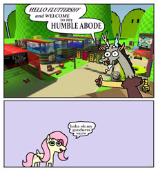 Size: 2382x2598 | Tagged: safe, artist:punkittdev, derpibooru import, discord, fluttershy, pegasus, pony, comic, dialogue, duo, duo male and female, female, male, mare, mario kart, mixed media, speech bubble, team fortress map