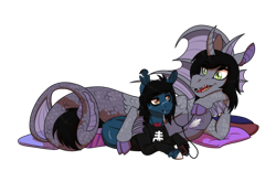 Size: 1900x1181 | Tagged: safe, alternate version, artist:inuhoshi-to-darkpen, derpibooru import, earth pony, pony, siren, undead, zombie, zombie pony, bone, bring me the horizon, clothes, cloven hooves, commission, curved horn, duo, duo male, earbuds, fangs, fins, fish tail, gay, happy, horn, intertwined tails, kellin quinn, lip piercing, listening to music, long sleeves, looking at each other, looking at someone, lying down, male, mp3 player, oliver sykes, open mouth, piercing, pillow, ponified, prone, scales, scar, sharing headphones, shipping, simple background, sleeping with sirens, slit eyes, smiling, species swap, stitches, tail, tattoo, torn ear, transparent background, window