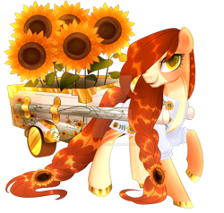 Size: 900x857 | Tagged: safe, artist:cupidauctions, derpibooru import, oc, oc only, earth pony, pony, braid, braided tail, cart, female, flower, mare, simple background, solo, sunflower, tail, transparent background