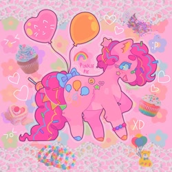 Size: 1440x1440 | Tagged: safe, artist:ariariari.png, derpibooru import, pinkie pie, earth pony, pony, balloon, bracelet, candy, colored hooves, confetti, food, heart, heart balloon, jewelry, redesign, solo, sprinkles, streamers