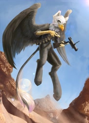 Size: 2983x4096 | Tagged: safe, artist:blvckmagic, derpibooru import, oc, oc only, griffon, hybrid, pony, bandolier, desert, flying, grenade launcher, m79, male, reloading, solo, weapon