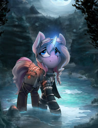 Size: 2092x2719 | Tagged: safe, artist:blvckmagic, derpibooru import, oc, oc only, pony, unicorn, bag, clothes, dungeons and dragons, female, glowing, glowing horn, goggles, goggles on head, horn, lake, magic, moon, mountain, pen and paper rpg, rpg, saddle bag, water