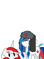 Size: 720x960 | Tagged: safe, artist:diniarvegafinahar, derpibooru import, oc, oc only, oc:indonisty, oc:marussia, alicorn, earth pony, pony, braid, duo, female, females only, hat, indonesia, lurk, mare, nation ponies, russia, simple background, ushanka, white background