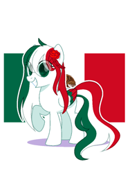 Size: 720x960 | Tagged: safe, artist:diniarvegafinahar, derpibooru import, pegasus, pony, colored wings, female, flag, flower, flower in hair, looking at you, mare, mexico, multicolored wings, nation ponies, ponified, simple background, smiling, solo, species swap, white background, wings