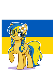 Size: 720x960 | Tagged: safe, artist:diniarvegafinahar, derpibooru import, oc, oc only, oc:ukraine, earth pony, pony, braid, female, flag, flower, flower in hair, mare, nation ponies, raised hoof, raised leg, simple background, solo, ukraine, white background