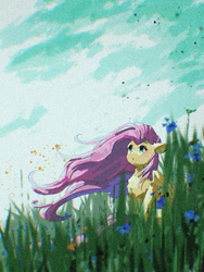 Size: 1620x2160 | Tagged: safe, artist:lendftcn, derpibooru import, fluttershy, pegasus, pony, female, film grain, grass, grass field, looking up, mare, solo, windswept mane