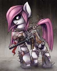 Size: 2400x3000 | Tagged: safe, artist:blvckmagic, derpibooru import, oc, oc only, earth pony, ammunition belt, armor, battle saddle, fallout, female, gun, machine gun, mare, raider, raider armor, solo, weapon