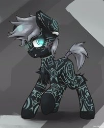 Size: 1826x2241 | Tagged: safe, artist:blvckmagic, derpibooru import, oc, oc only, pony, abstract background, coat markings, ear piercing, piercing, scar, solo