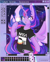 Size: 1589x1944 | Tagged: safe, artist:musicfirewind, derpibooru import, twilight sparkle, twilight sparkle (alicorn), alicorn, semi-anthro, clothes, ms paint, nasa, open mouth, out of frame, shirt, socks, solo, spacecore, spread wings, synthwave, underhoof, wings
