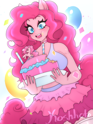 Size: 1493x2000 | Tagged: safe, artist:koshhhata, derpibooru import, pinkie pie, anthro, earth pony, balloon, belly button, breasts, cake, eating, female, food, heart, heart eyes, human facial structure, midriff, pinkie pies, solo, wingding eyes