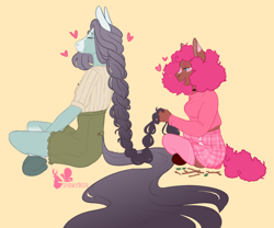 Size: 808x672 | Tagged: safe, artist:spookierdeer, derpibooru import, fluttershy, pinkie pie, anthro, earth pony, unguligrade anthro, alternate design, braid, braiding, duo, eyes closed, female, floating heart, flutterpie, frog (hoof), heart, lesbian, long hair, long tail, mare, redesign, shipping, simple background, sitting, tail, underhoof, yellow background