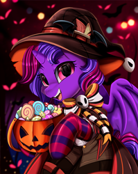 Size: 2550x3209 | Tagged: safe, artist:pridark, derpibooru import, oc, oc only, oc:violet rose ze vampony, pony, undead, vampire, vampony, candy, clothes, food, halloween, hat, holiday, latex, latex socks, pumpkin bucket, socks, solo, striped socks, witch hat