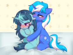 Size: 4000x3000 | Tagged: safe, artist:fantasysong, derpibooru import, oc, oc only, oc:aurora july, oc:moonlightbenighted, pony, unicorn, biting, blushing, duo, ear bite, female, high res, horn, mare, sitting