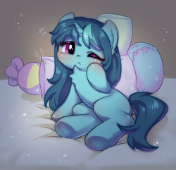 Size: 1024x988 | Tagged: safe, artist:fantasysong, derpibooru import, oc, oc only, oc:aurora july, unicorn, bed, blushing, chest fluff, female, filly, foal, on bed, one eye closed, pillow, sleepy, solo