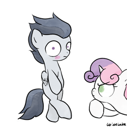 Size: 3000x3000 | Tagged: safe, artist:widelake, derpibooru import, rumble, sweetie belle, pegasus, unicorn, bipedal, blushing, colt, crossed legs, duo, female, filly, foal, male, shocked eyes, simple background, white background