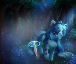 Size: 3800x3200 | Tagged: safe, artist:erenrat_yun, derpibooru import, oc, oc only, oc:aurora july, unicorn, forest, injured, magic, puddle, rain, sword, telekinesis, weapon