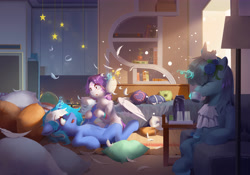 Size: 5000x3500 | Tagged: safe, artist:erenrat_yun, derpibooru import, oc, oc only, oc:aurora july, oc:moonlightbenighted, oc:心音, book, bookshelf, family, feather, pillow, pillow fight