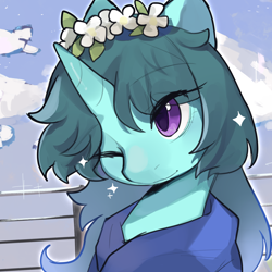 Size: 2500x2500 | Tagged: artist needed, safe, derpibooru import, oc, oc only, oc:aurora july, unicorn, floral head wreath, flower, one eye closed, wink