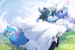 Size: 3000x2000 | Tagged: safe, alternate version, artist:猞塔, derpibooru import, oc, oc only, oc:aurora july, oc:moonlightbenighted, unicorn, bridal carry, carrying, clothes, dress, female, lesbian, marriage, ring, veil, wedding, wedding dress, wedding ring, wedding veil