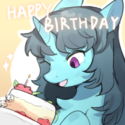 Size: 1400x1400 | Tagged: safe, artist:猞塔, derpibooru import, oc, oc only, oc:aurora july, unicorn, birthday, cake, candle, food