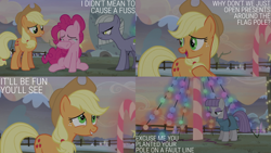 Size: 2000x1125 | Tagged: safe, derpibooru import, edit, edited screencap, editor:quoterific, screencap, applejack, limestone pie, maud pie, pinkie pie, hearthbreakers, crying