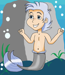 Size: 750x863 | Tagged: safe, artist:ocean lover, derpibooru import, chipcutter, human, bare shoulders, belly, belly button, blue eyes, boulder, bubble, child, coral, cute, fins, freckles, grey hair, human coloration, humanized, light skin, male, merboy, merman, mermay, ocean, rock, sleeveless, smiling, species swap, tail, tail fin, underwater, water